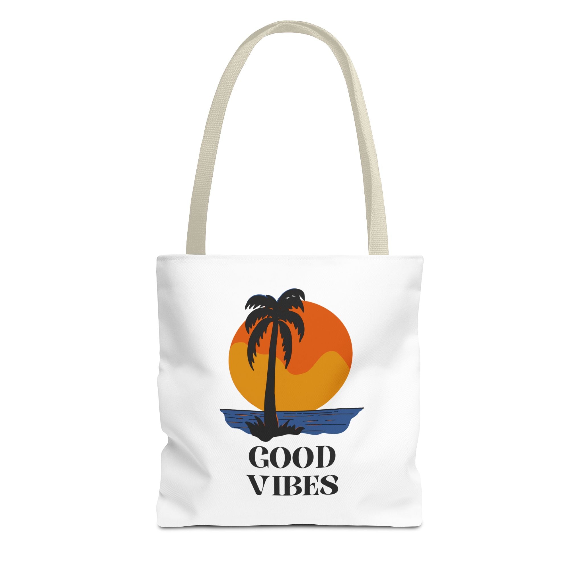 Good Vibes Beach Tote Bag — Retro Sunset Palm Tree Canvas Tote