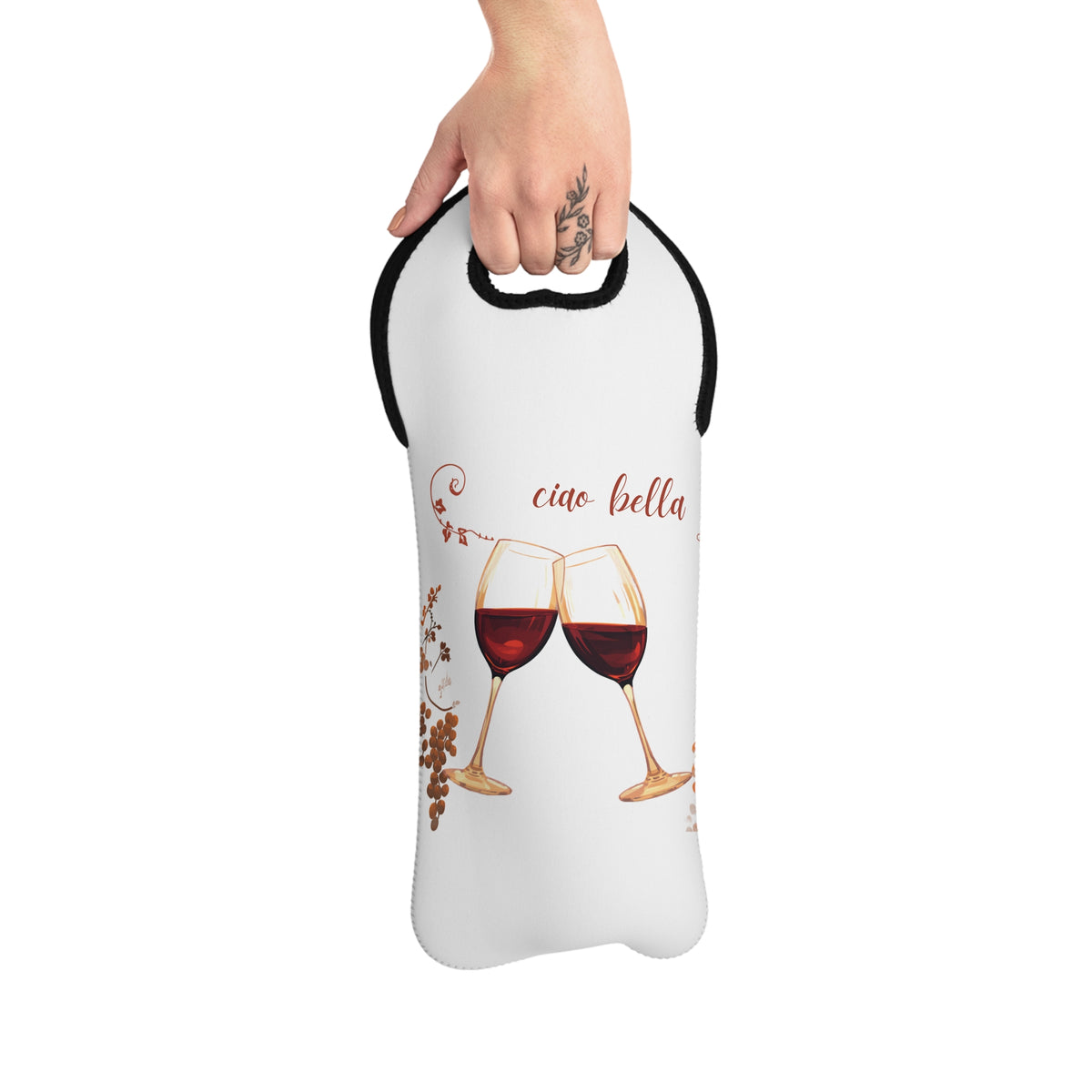 Wine Tote Bag - "Ciao Bella" Red Wine Glasses Neoprene Bottle Carrier