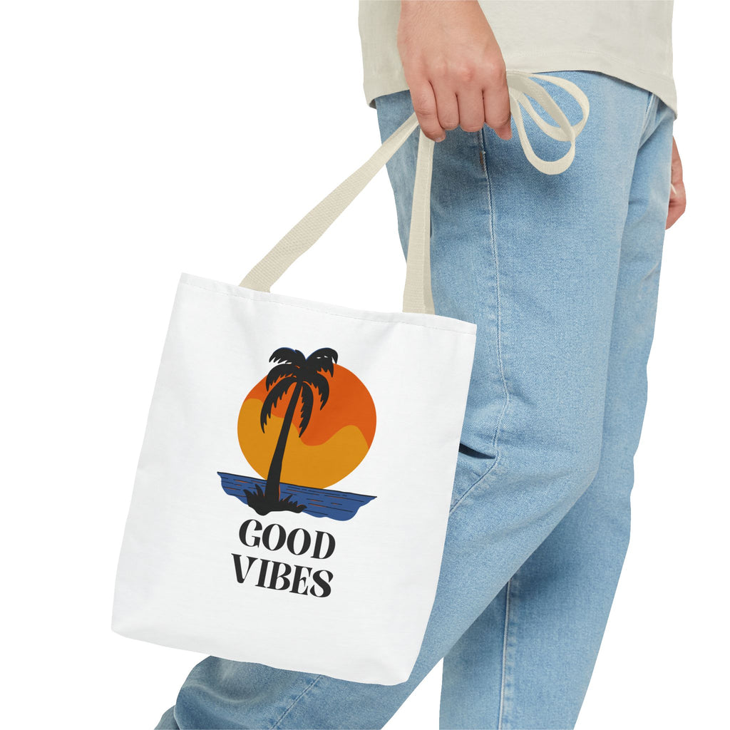 Good Vibes Beach Tote Bag — Retro Sunset Palm Tree Canvas Tote