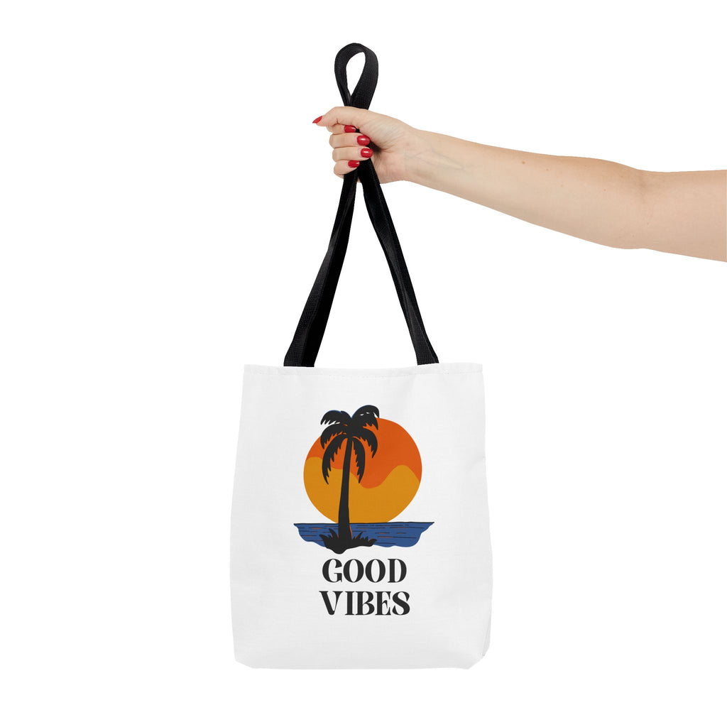 Good Vibes Beach Tote Bag — Retro Sunset Palm Tree Canvas Tote
