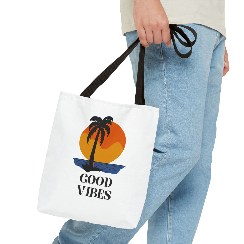 Good Vibes Beach Tote Bag — Retro Sunset Palm Tree Canvas Tote
