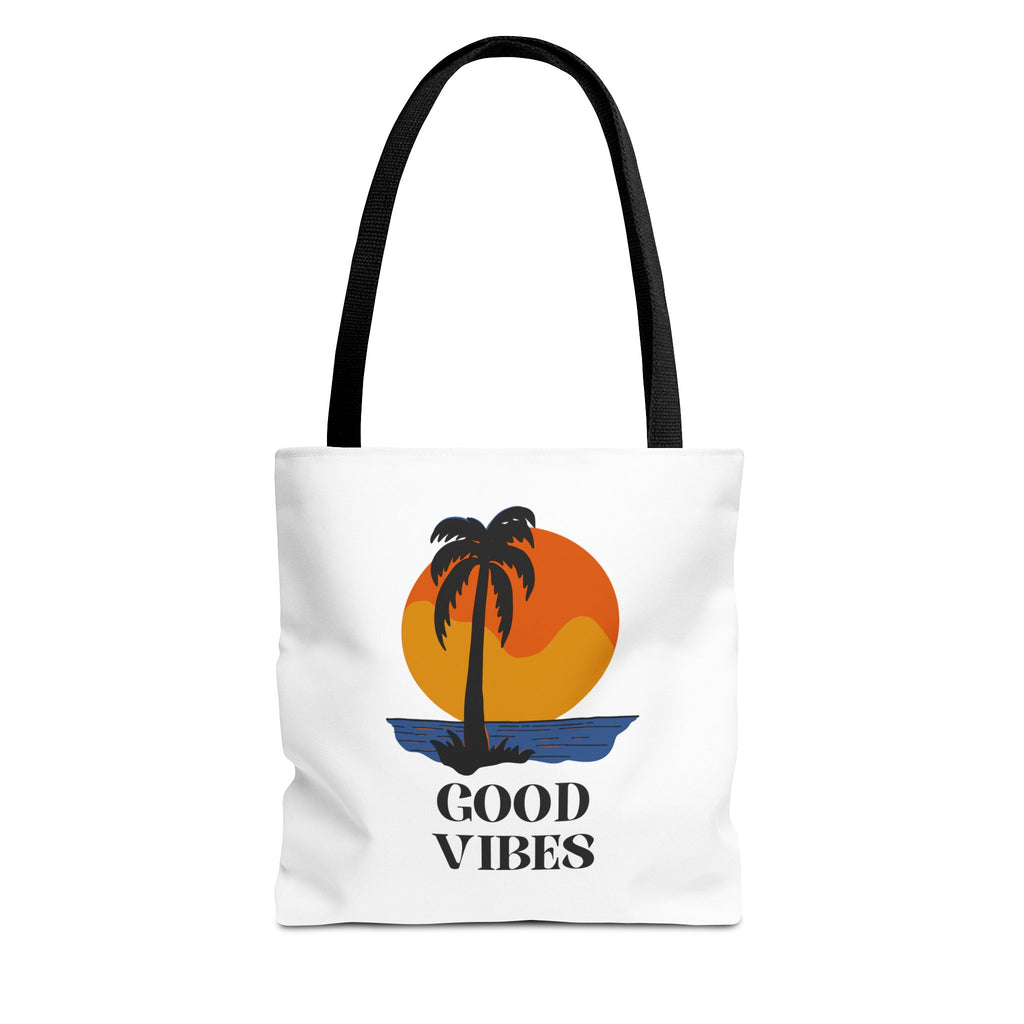 Good Vibes Beach Tote Bag — Retro Sunset Palm Tree Canvas Tote