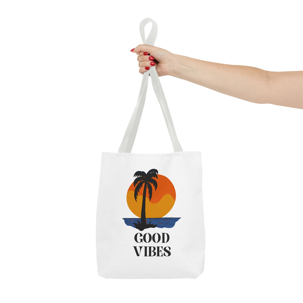 Good Vibes Beach Tote Bag — Retro Sunset Palm Tree Canvas Tote