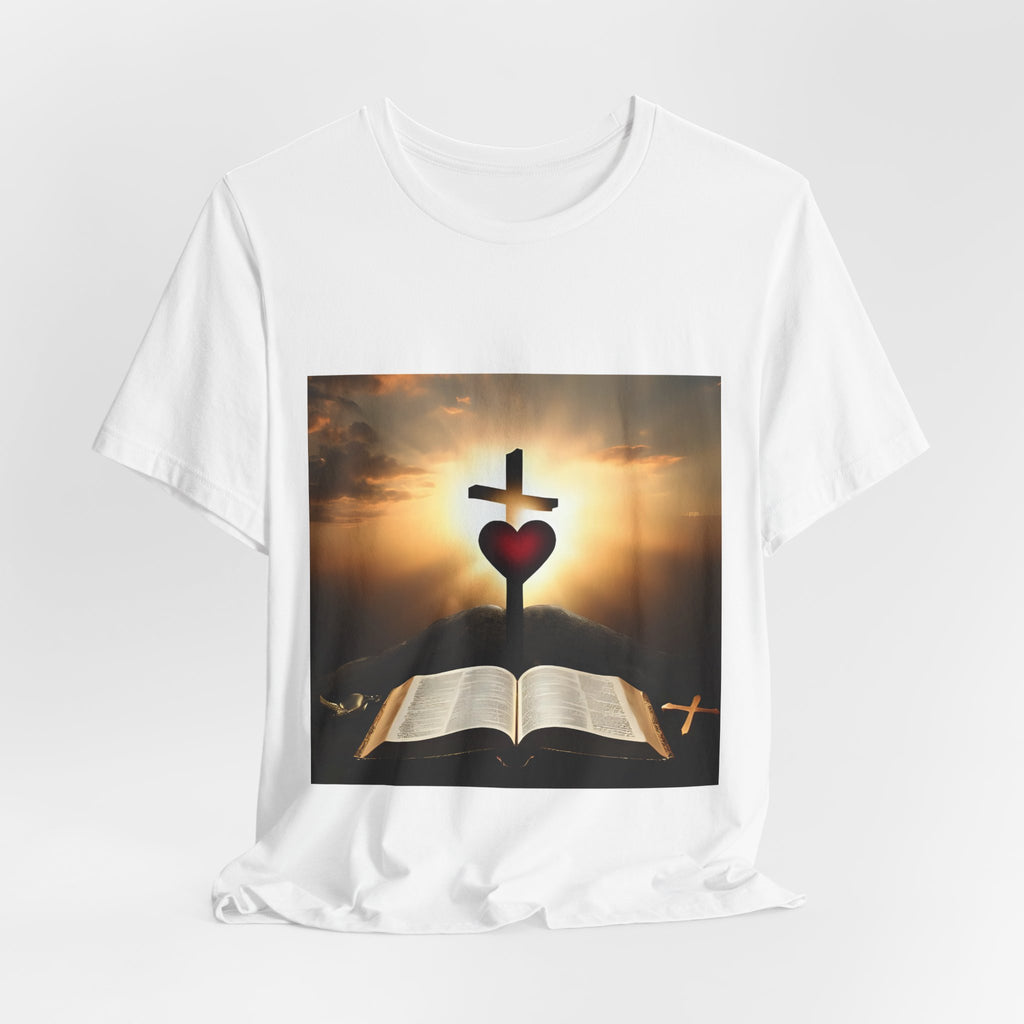 Christian Cross & Heart T-Shirt — Open Bible Faith Tee (Sunrise)