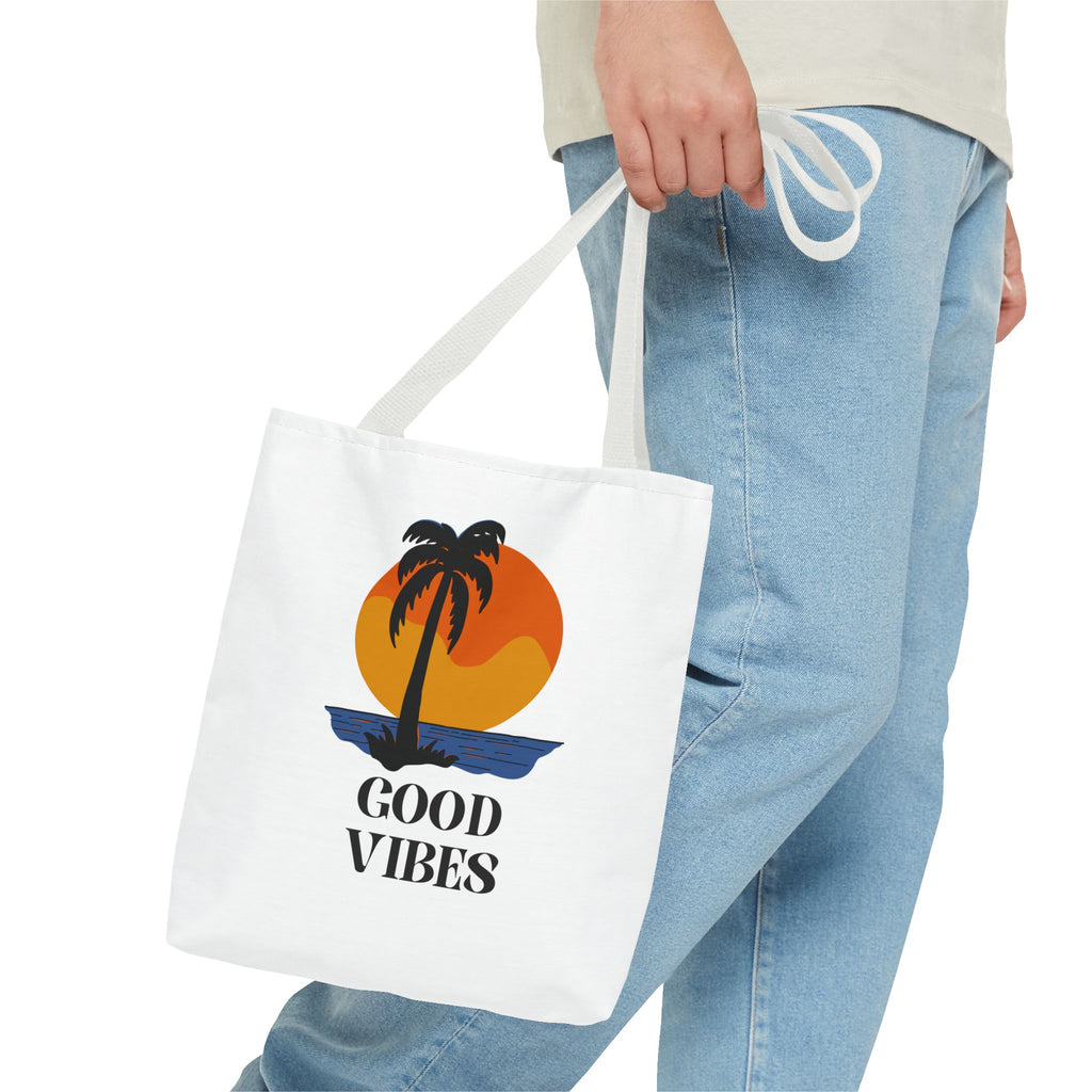 Good Vibes Beach Tote Bag — Retro Sunset Palm Tree Canvas Tote