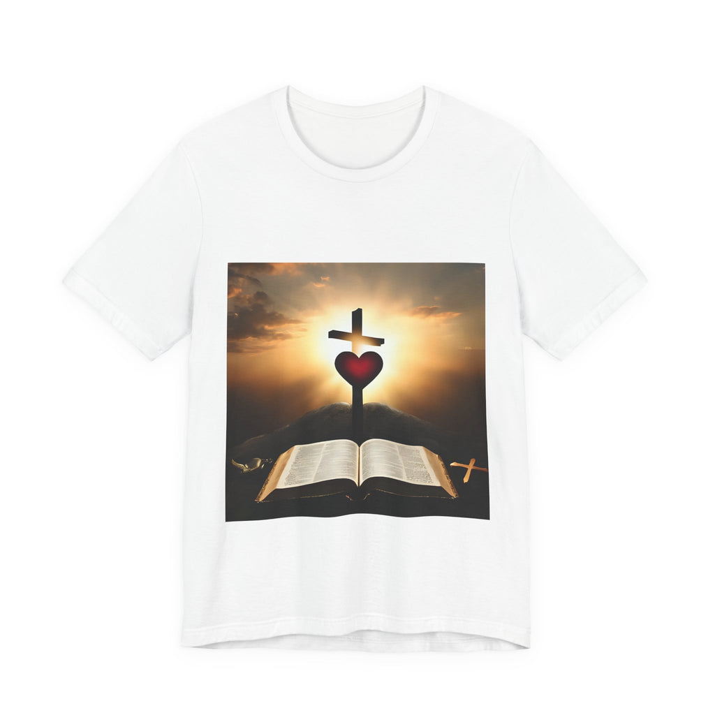 Christian Cross & Heart T-Shirt — Open Bible Faith Tee (Sunrise)