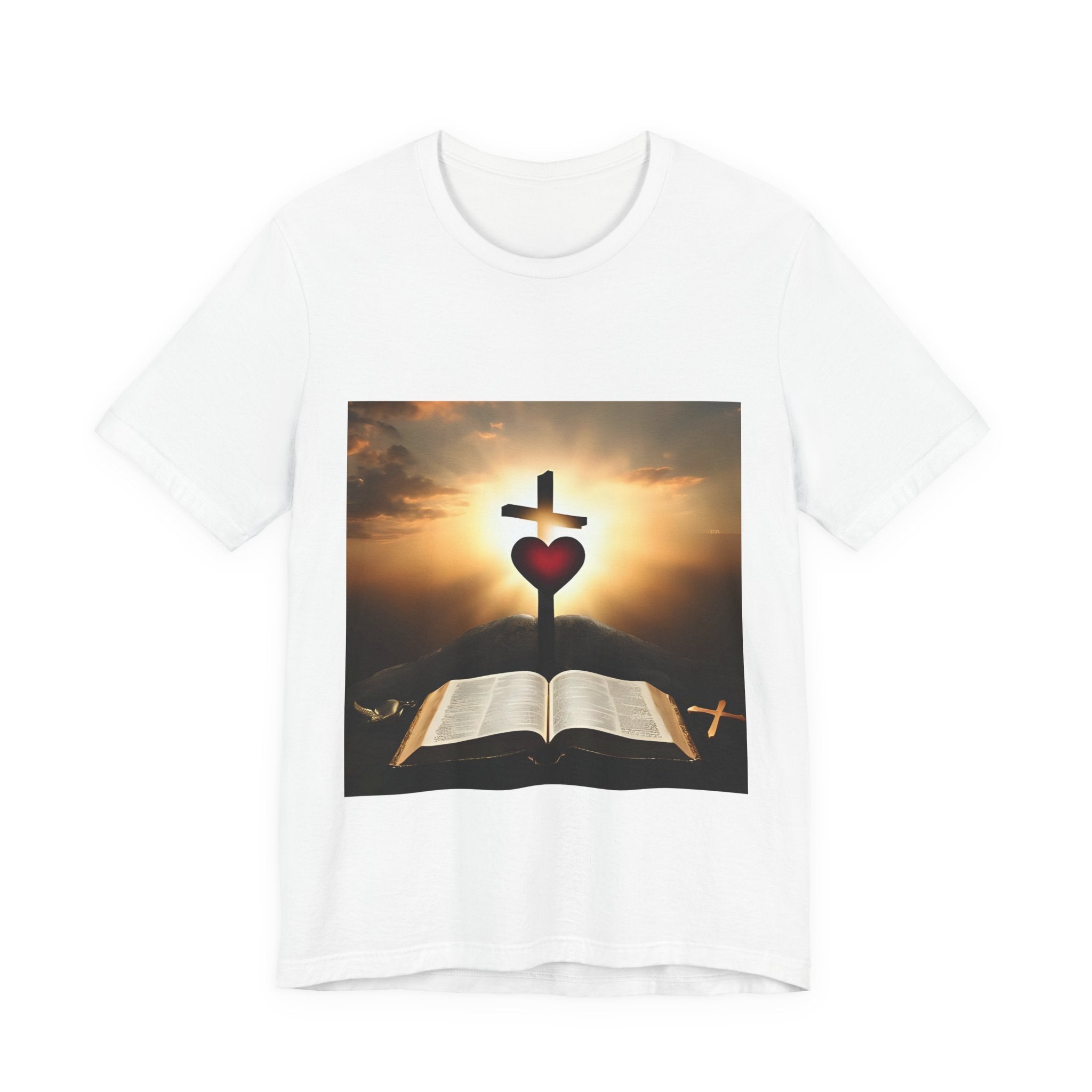 Christian Cross & Heart T-Shirt — Open Bible Faith Tee (Sunrise)