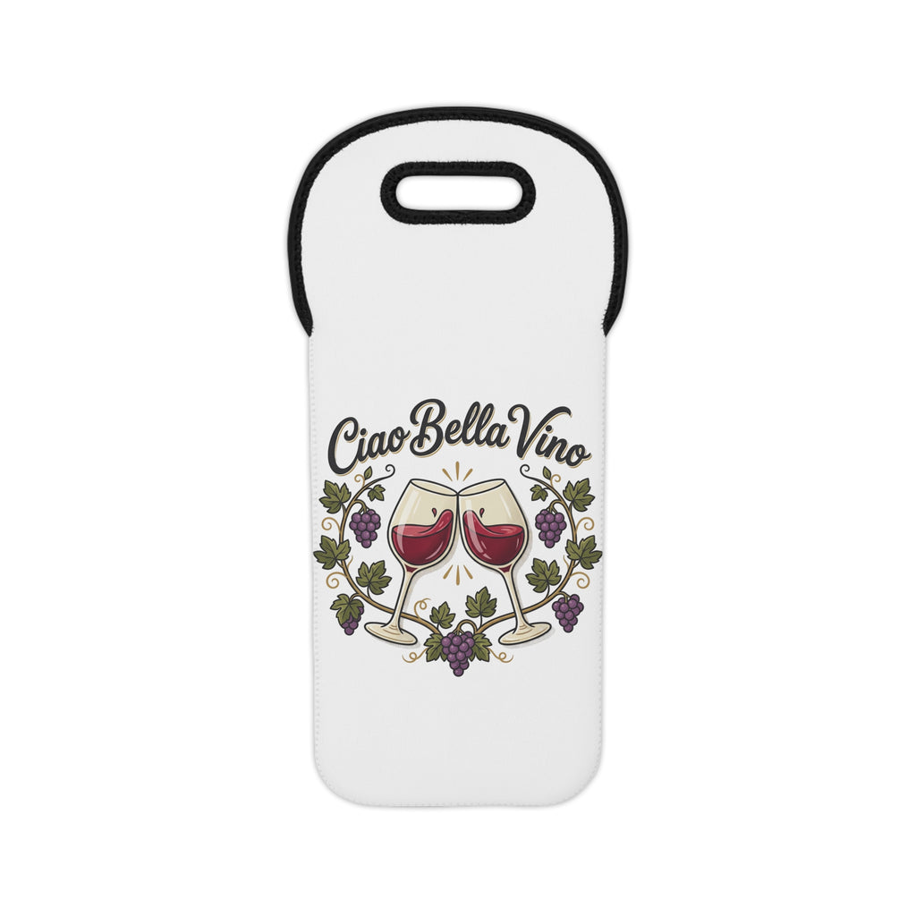 Wine Tote Bag - "Ciao Bella Vino" Neoprene Wine Carrier, Wine Gift Bag with Grapes & Clinking Glasses