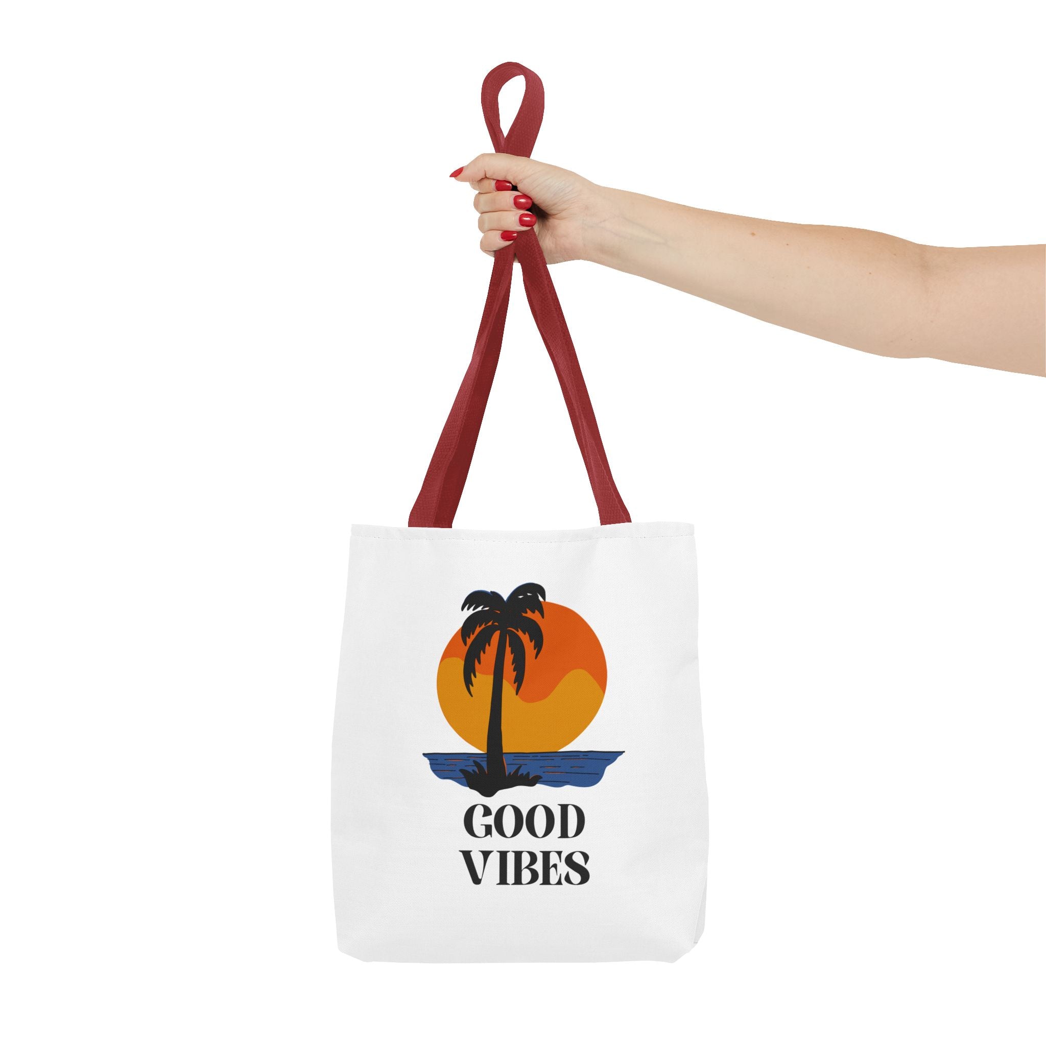Good Vibes Beach Tote Bag — Retro Sunset Palm Tree Canvas Tote