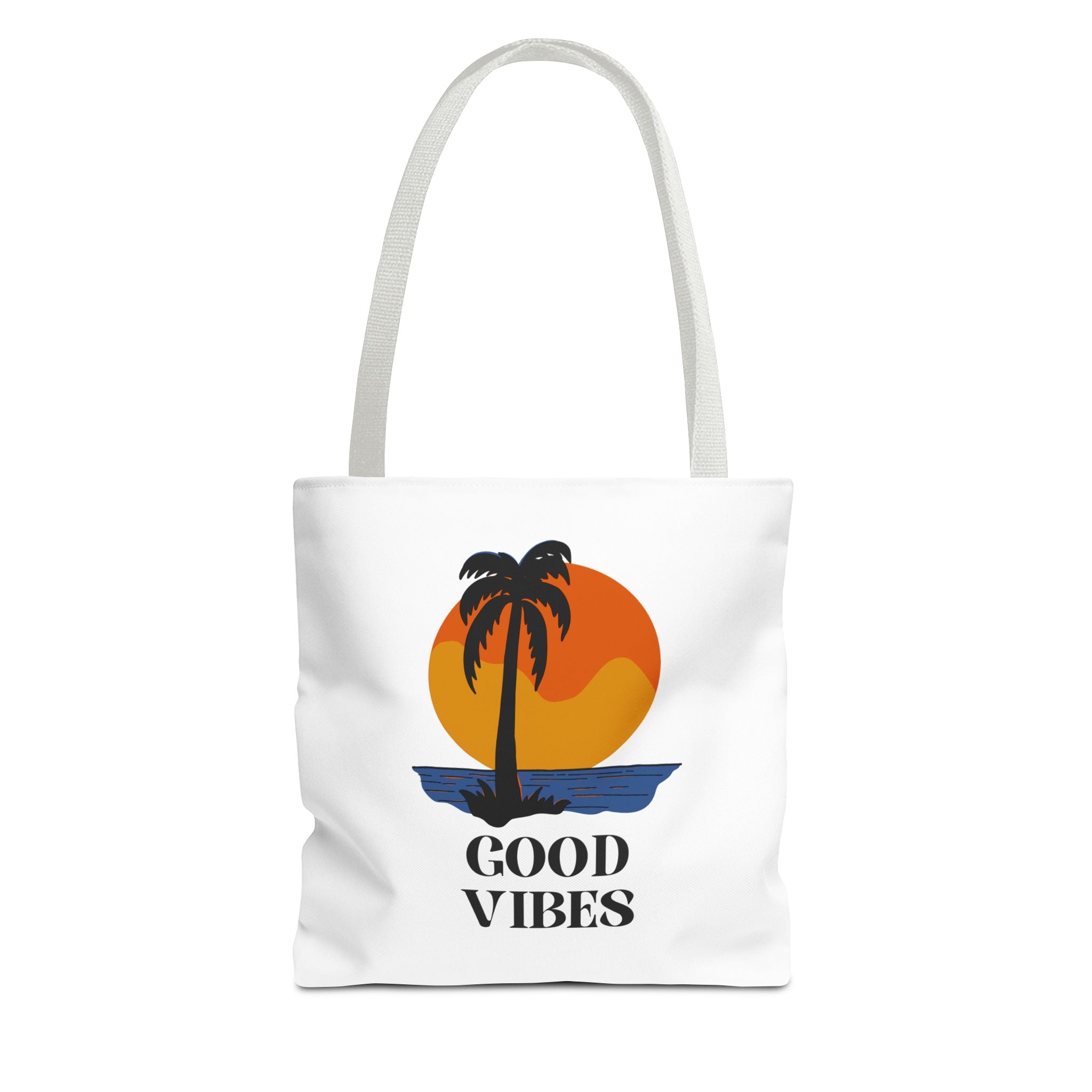 Good Vibes Beach Tote Bag — Retro Sunset Palm Tree Canvas Tote