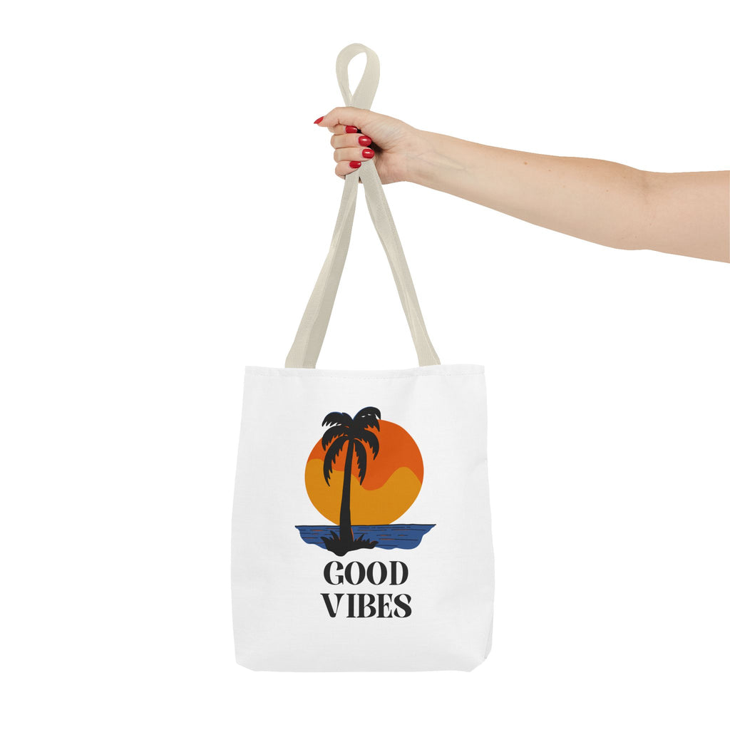 Good Vibes Beach Tote Bag — Retro Sunset Palm Tree Canvas Tote
