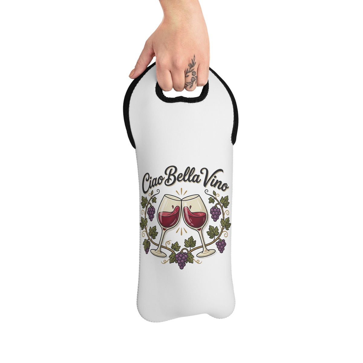 Wine Tote Bag - "Ciao Bella Vino" Neoprene Wine Carrier, Wine Gift Bag with Grapes & Clinking Glasses