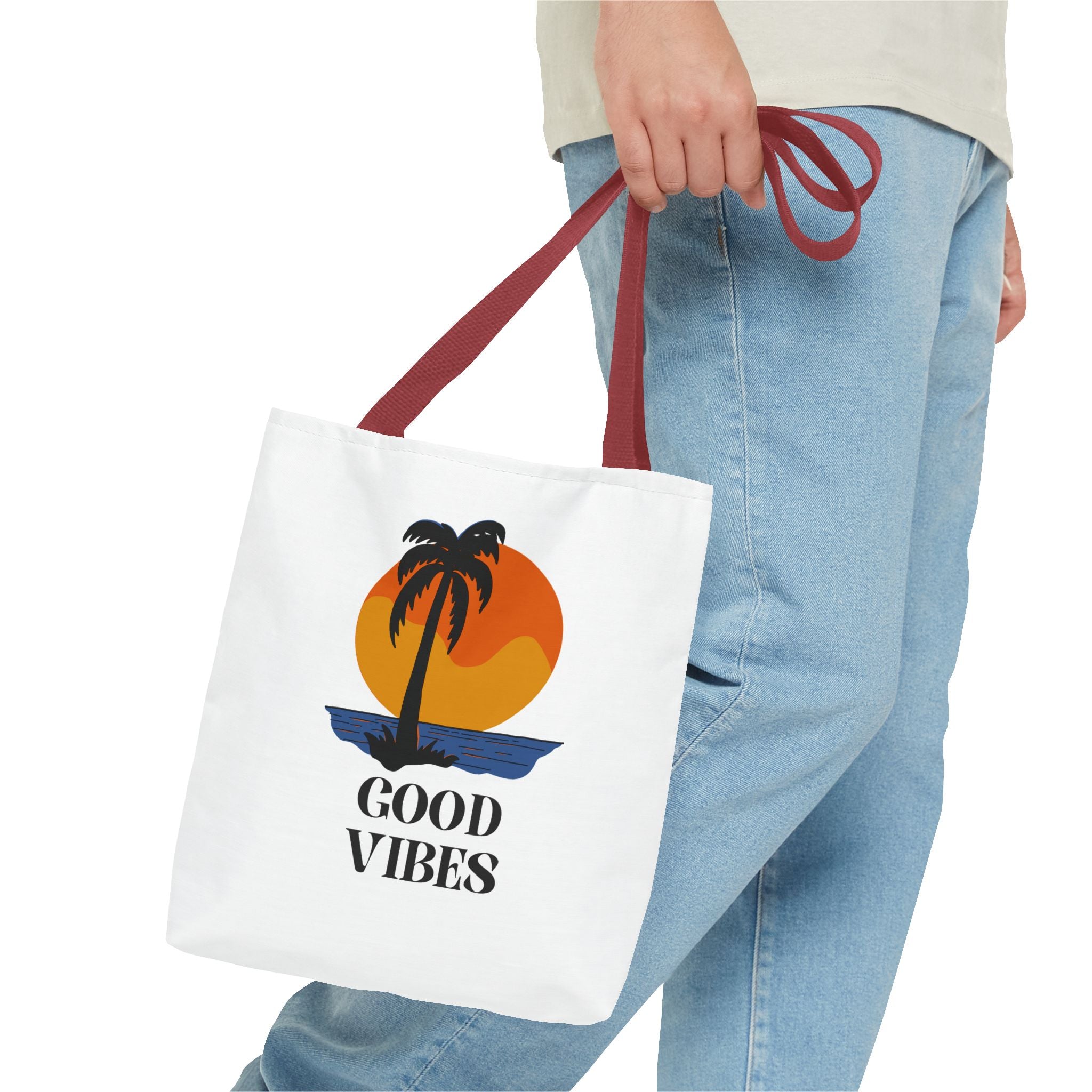 Good Vibes Beach Tote Bag — Retro Sunset Palm Tree Canvas Tote