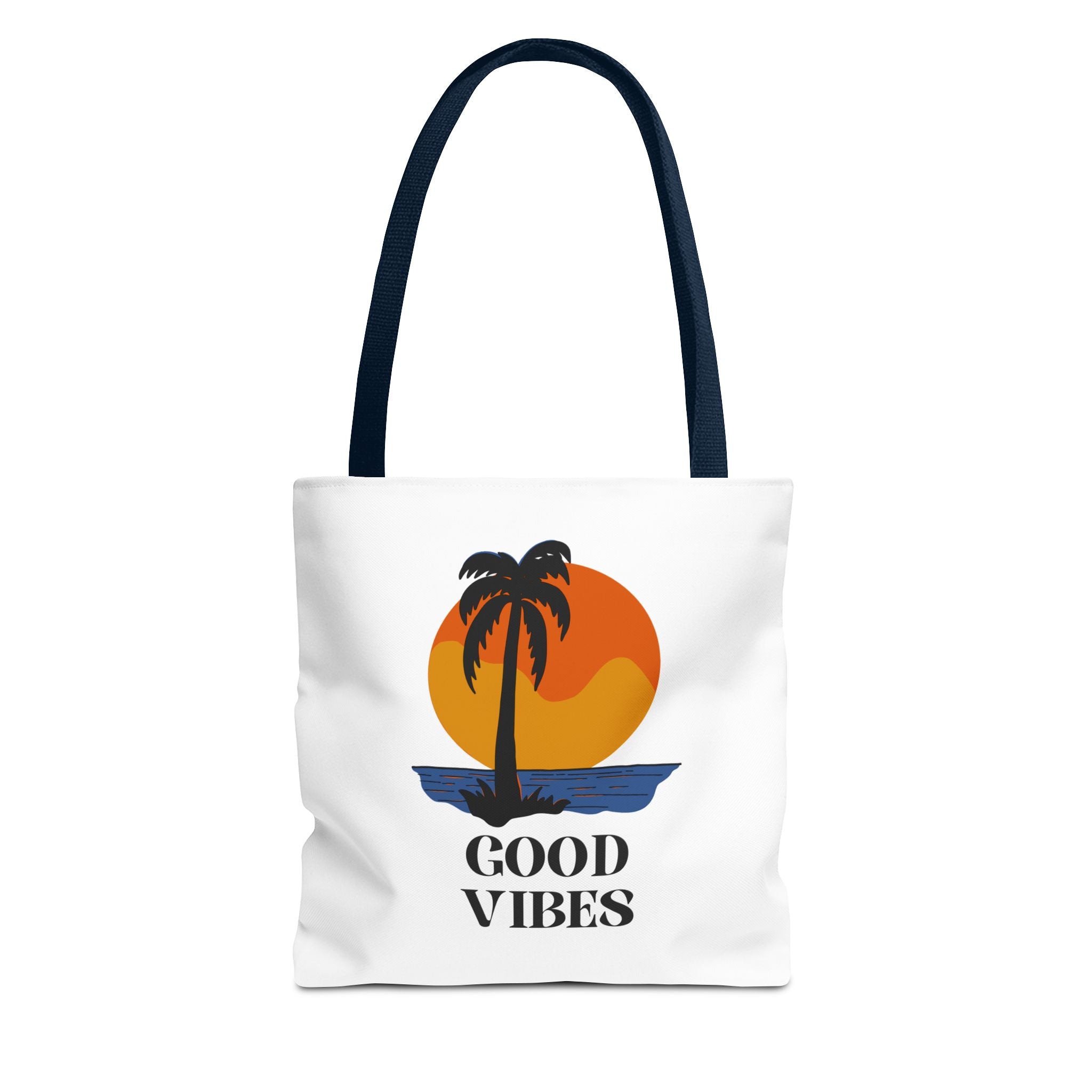 Good Vibes Beach Tote Bag — Retro Sunset Palm Tree Canvas Tote